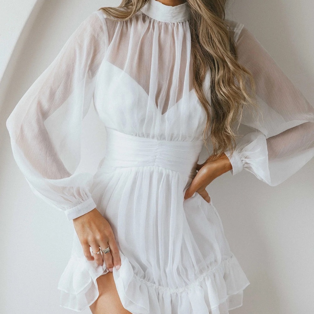 Selfie Leslie MANDALAY HIGH NECK LONG SLEEVE WAISTBAND DRESS WHITE